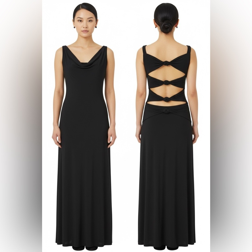 Demor Black Maxi Dress 42 Knotted Back Cutout Draped Sleeveless Elegant Gown